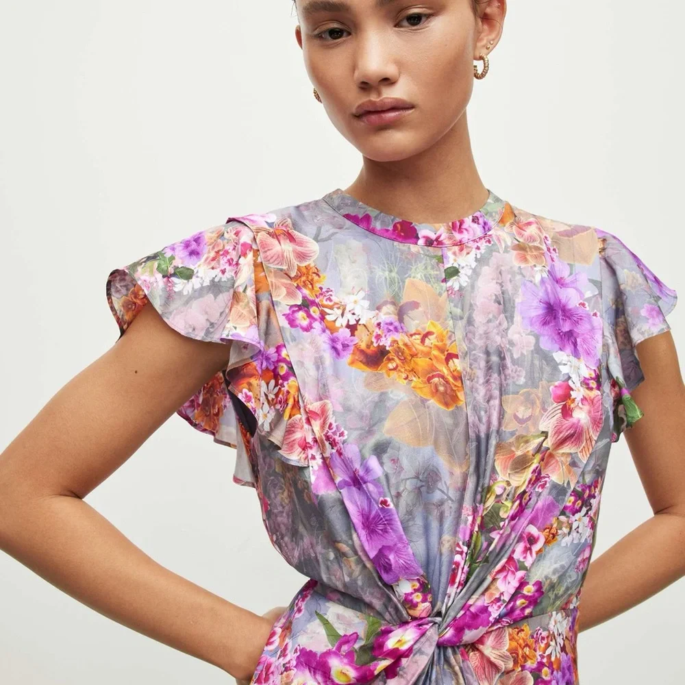 AllSaints Jemille Lucia Silk-Blend Mini Dress size 10 floral high neck sexy - Picture 2 of 12